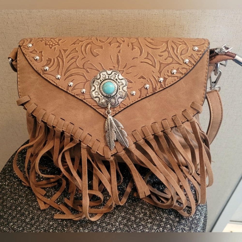 Embossed labradorite Concho fringe buckle studded crossbody messenger bag READ
